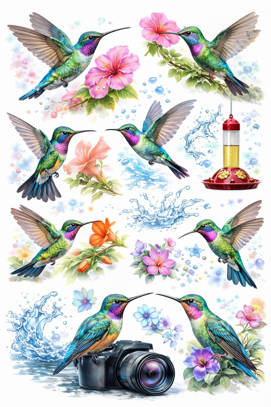 UVDTF 9.5 x 14 Element Sheet Hummingbirds & Garden Blooms 982