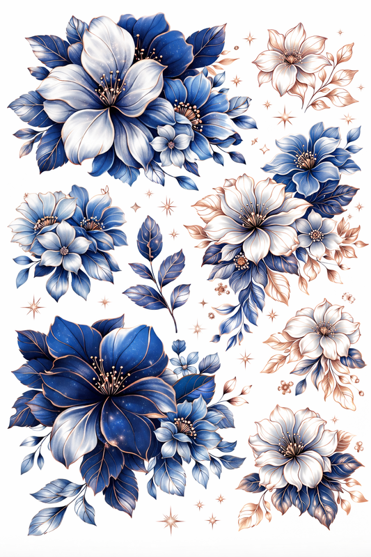 UVDTF 9.5 x 14 Element Sheet Navy White & Rose Gold Florals 861