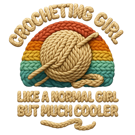 11" DTF Print Ready to Press Faux Yarn Crocheting Girl 416