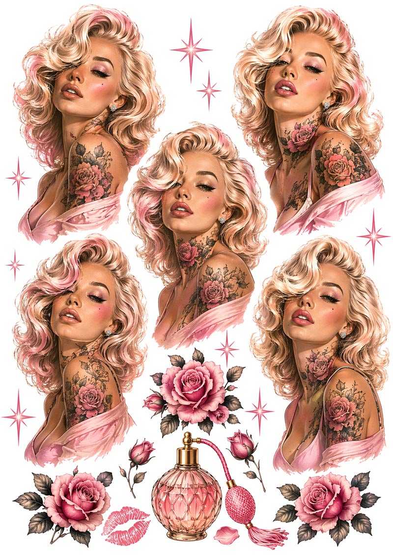 UVDTF 9.5 x 14 Element Sheet Glamorous Retro Rose Girl 1041