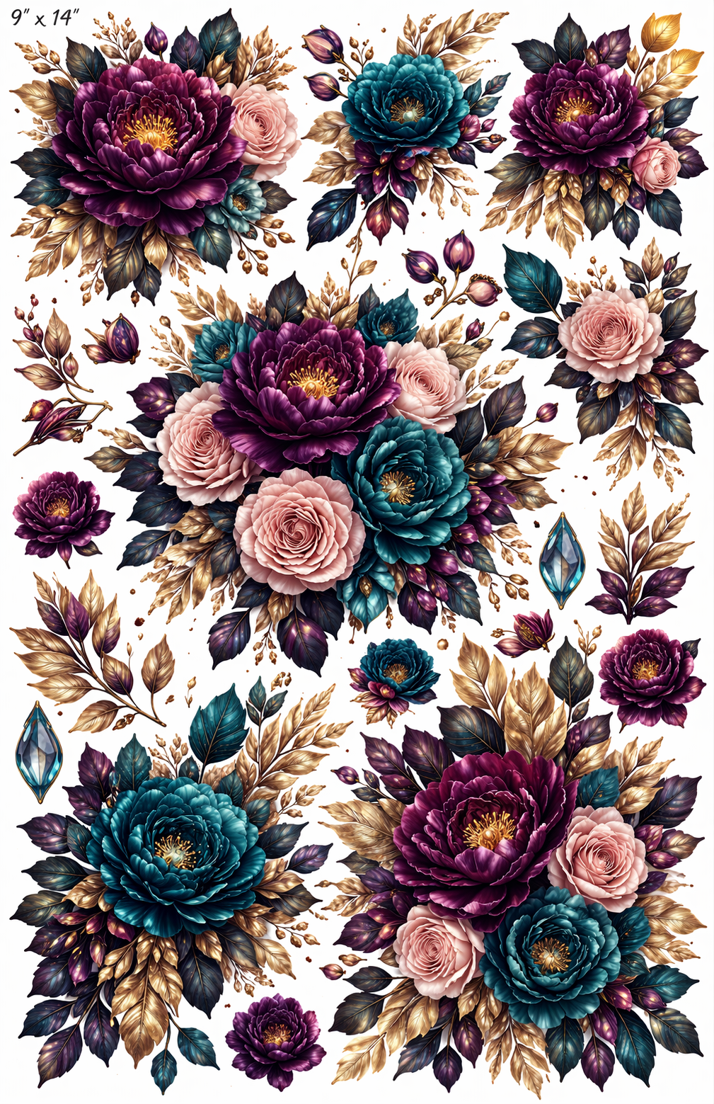 UVDTF 9.5 x 14 Element Sheet Plum Teal & Gold Florals 863