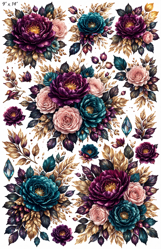 UVDTF 9.5 x 14 Element Sheet Plum Teal & Gold Florals 863
