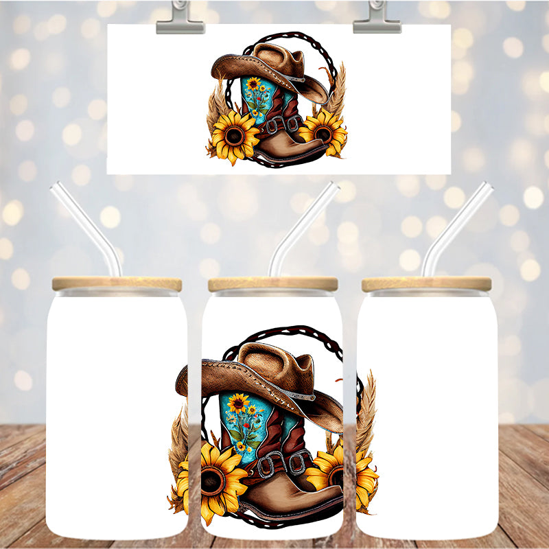 4" Decal Uvdtf Wrap Western Cowboy Boots Sunflowers D210