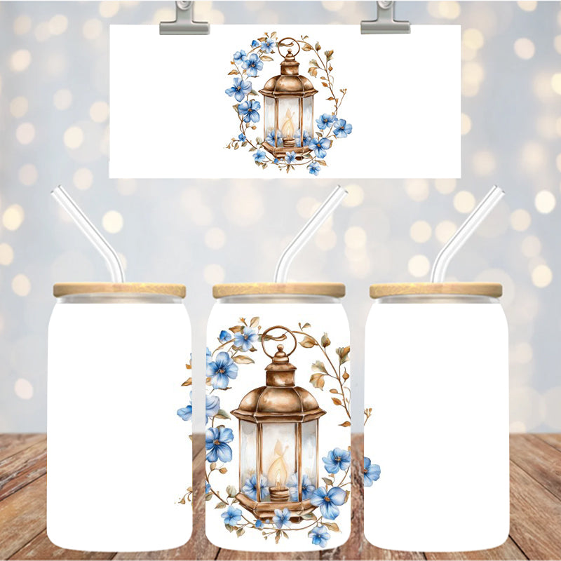 4" Decal Uvdtf Wrap Blue Flower Lantern D150