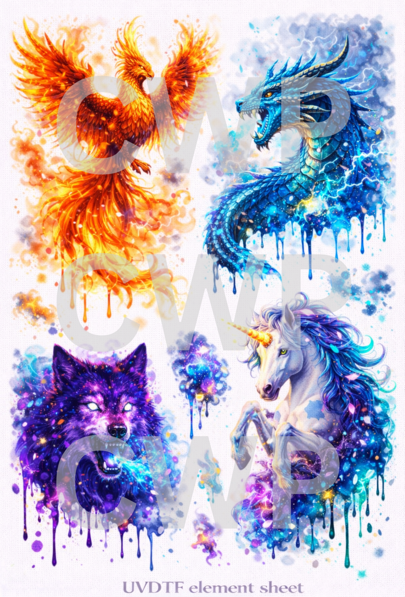 UVDTF 9.5 x14 Element Sheet Dragon Phoenix Wolf Unicorn