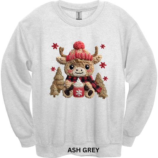 Crewneck Sweatshirt Faux Yarn Hot Cocoa Cow 473