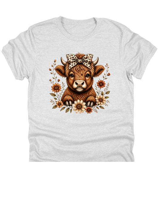 Baby Highland Cow with Leopard Bow & Florals | Boutique DTF Transfer 1074