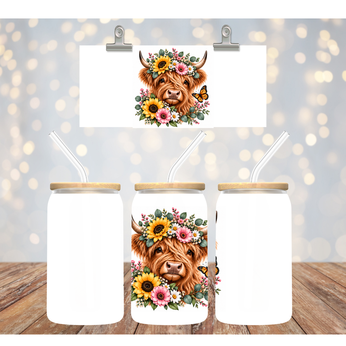 Floral Highland Cow with Sunflowers – 4" UVDTF Decal D221