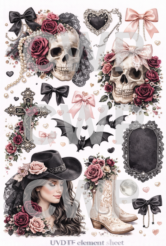 UVDTF 9.5 x14 Element Sheet Western Skulls Bats Floral