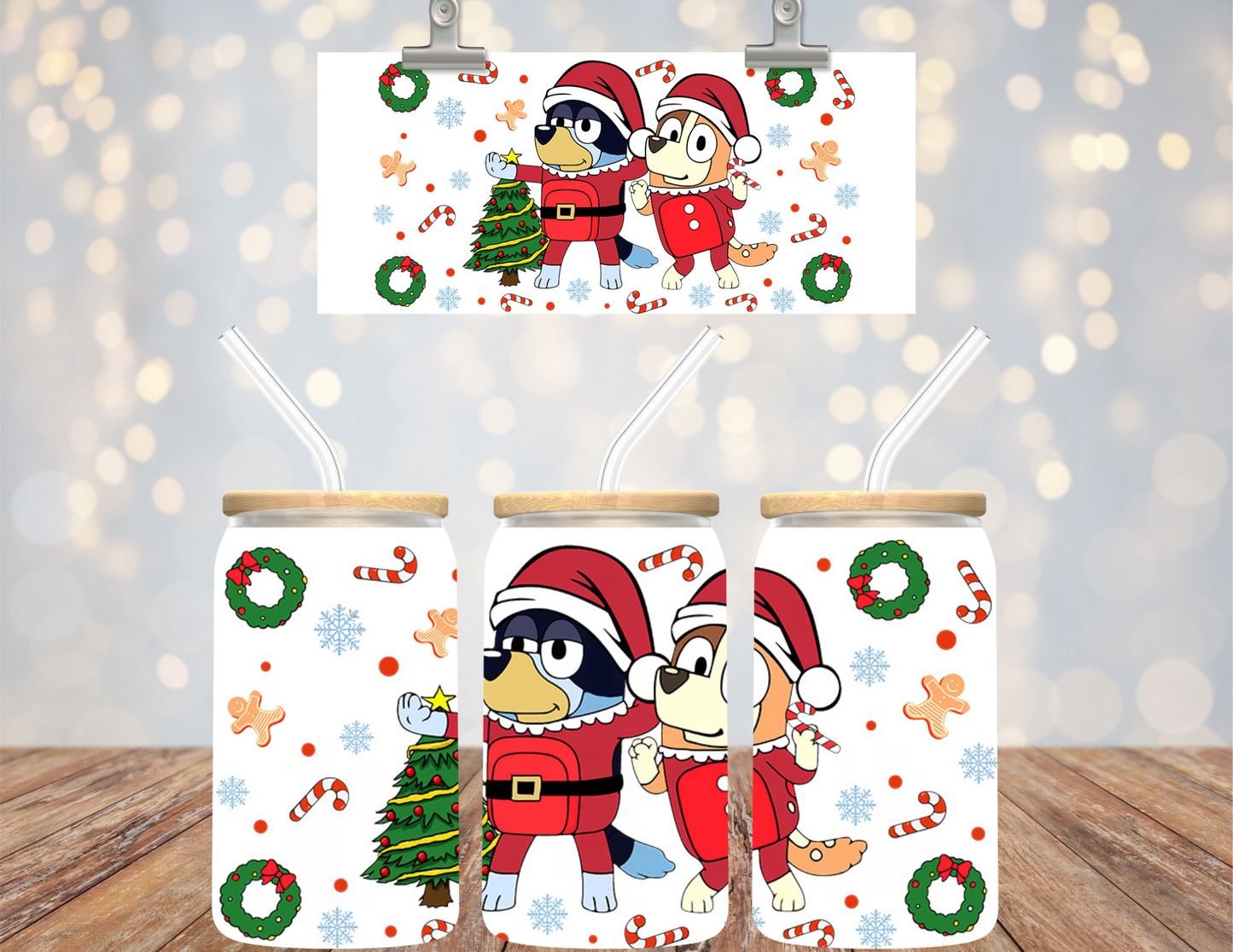 UVDTF 16 oz Cup Wrap Blue Dog Candy Canes 6146