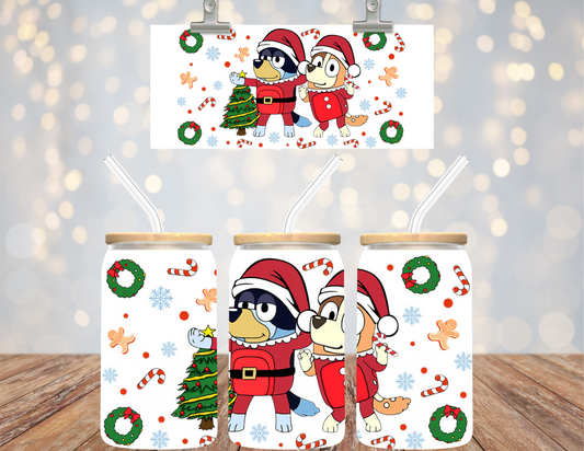 UVDTF 16 oz Cup Wrap Blue Dog Candy Canes 6146
