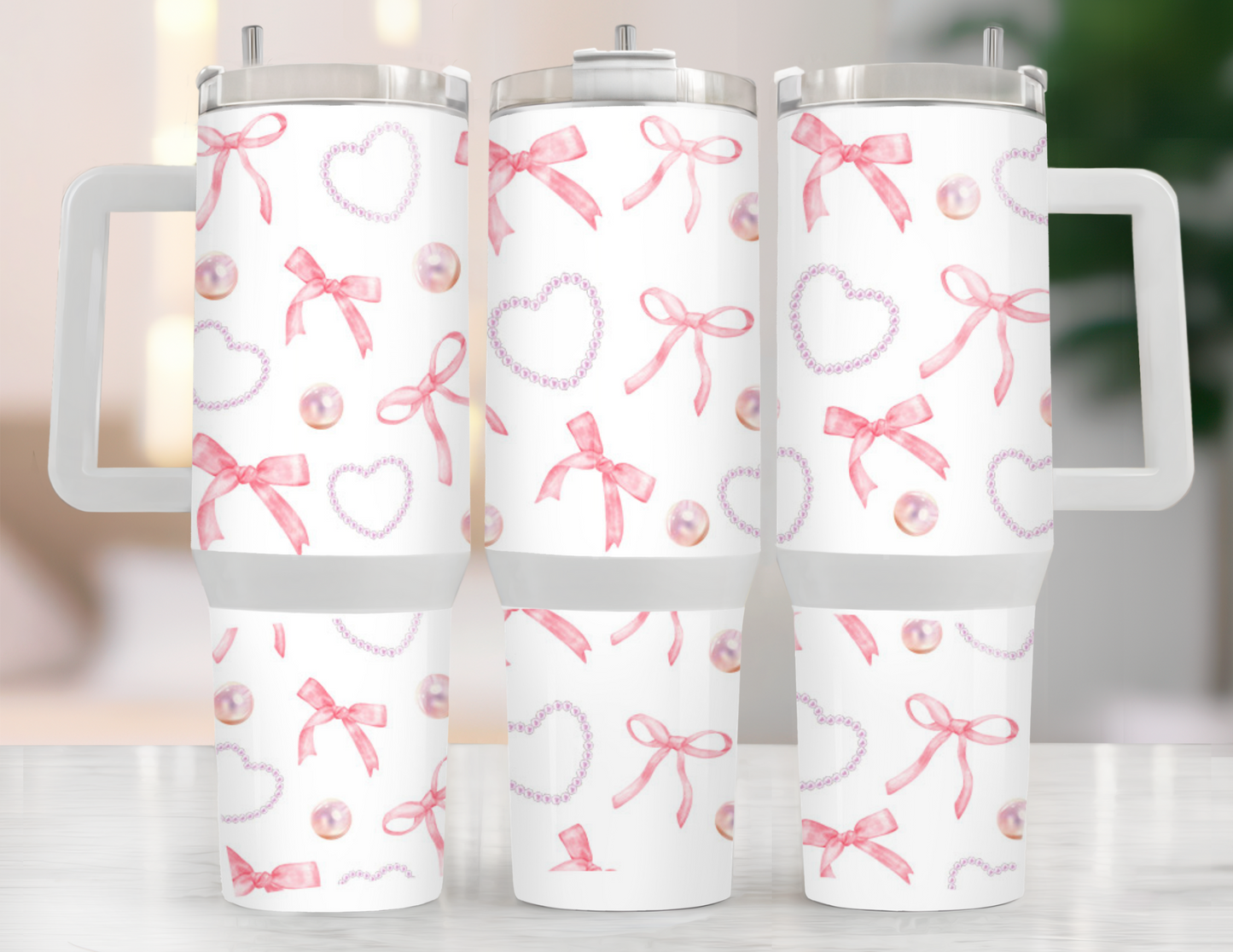 UVDTF 40 oz Cup Wrap Pink Bows and Pearls 3037