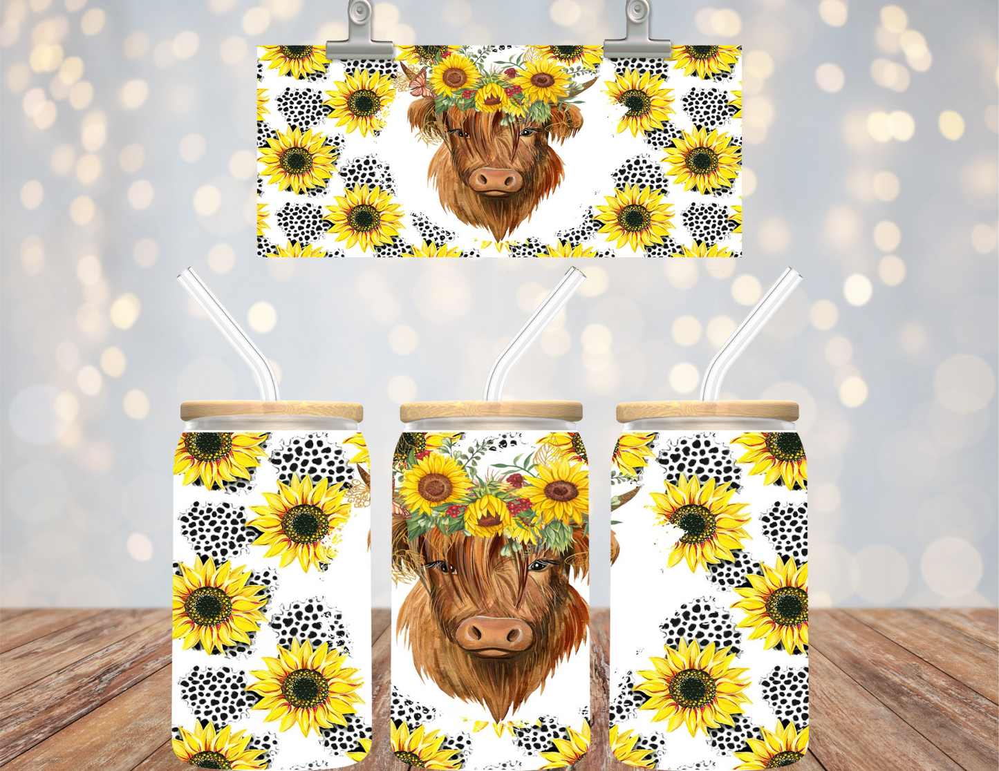 16 oz Uv Dtf Cup Wrap Highland Sunflowers 734