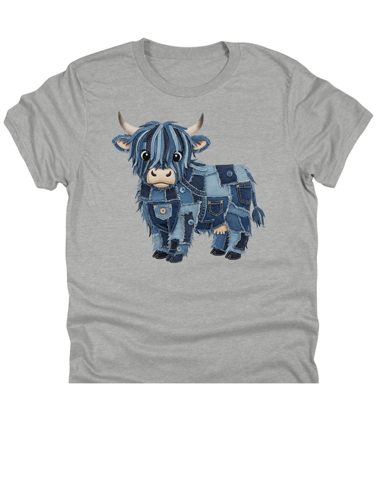 11" DTF Ready to Press - Patchwork Denim Highland Cow | 0012