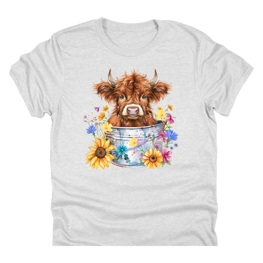 Highland Cow Flower Bucket | 11" Ready to Press DTF Transfer