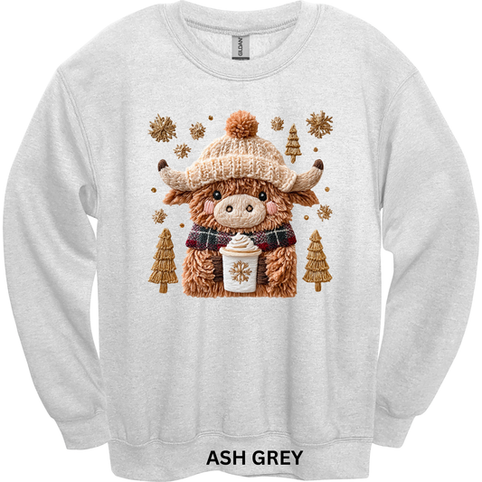 Crewneck Sweatshirt Faux Yarn Hot Cocoa Highland Cow 449