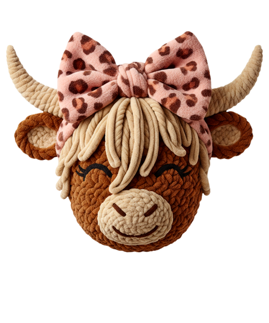 11" DTF Print Ready to Press Faux Yarn Cute Cow Bow 127