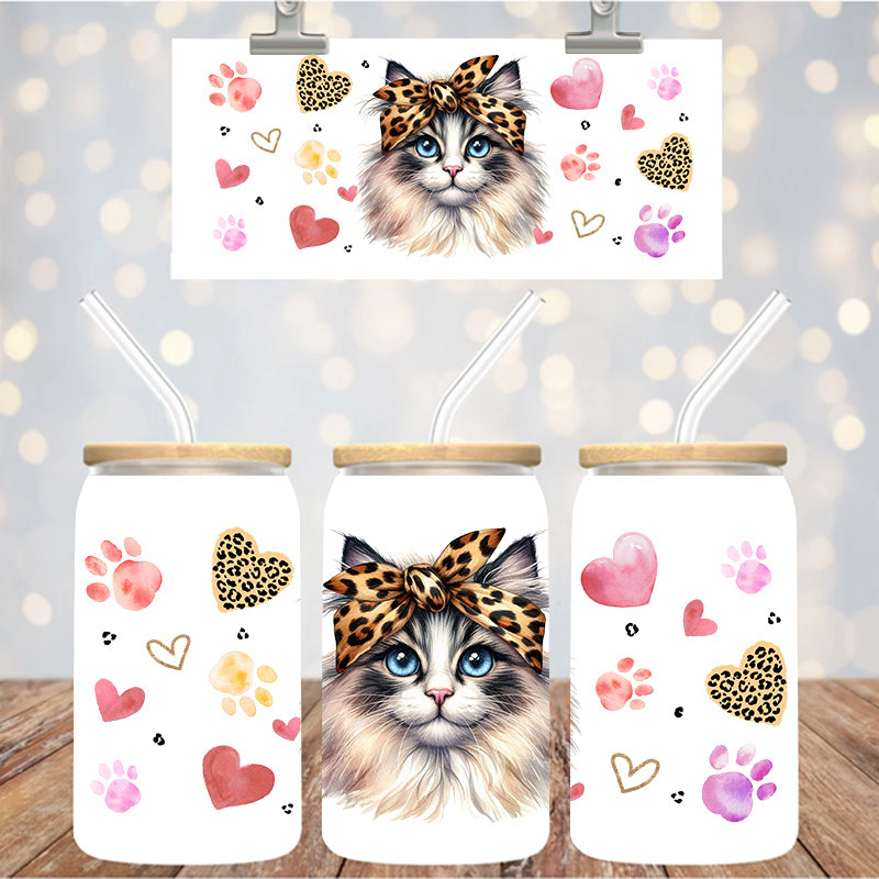 16 oz Uv Dtf Cup Wrap Cute Cat With Hearts 1263